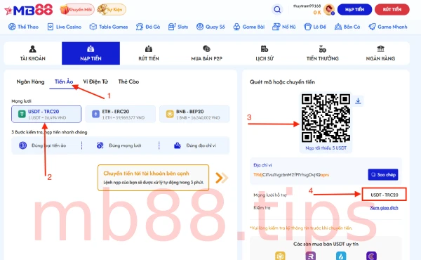 Nạp tiền bằng tiền ảo (USDT)