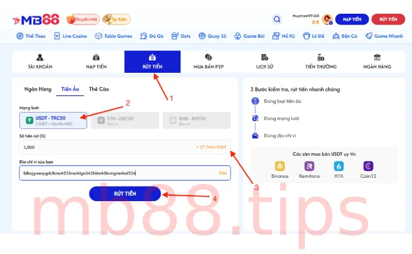 Rút tiền MB88 qua tiền ảo Cryto (USDT)
